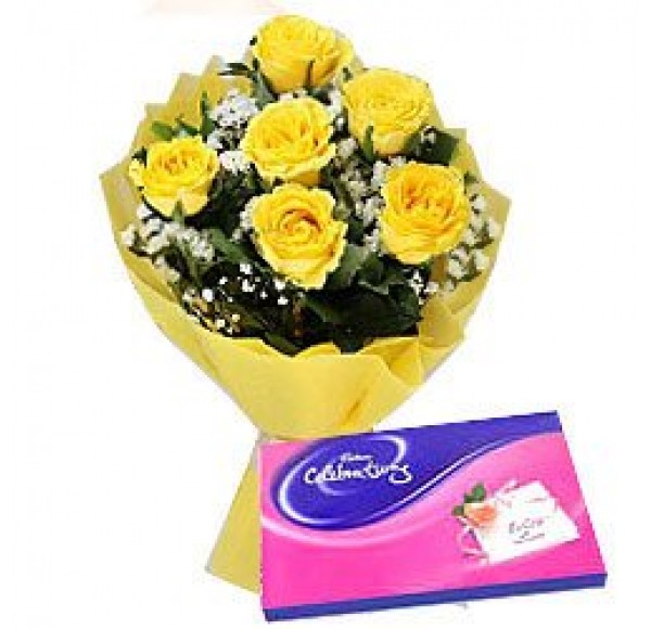 Yellow Rose Hand Bunch and Cadbury Assortment Chocolates